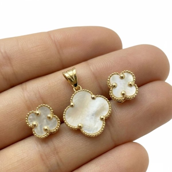 Komplet wisior i kolczyki koniczyna masa perłowa złoto 585 