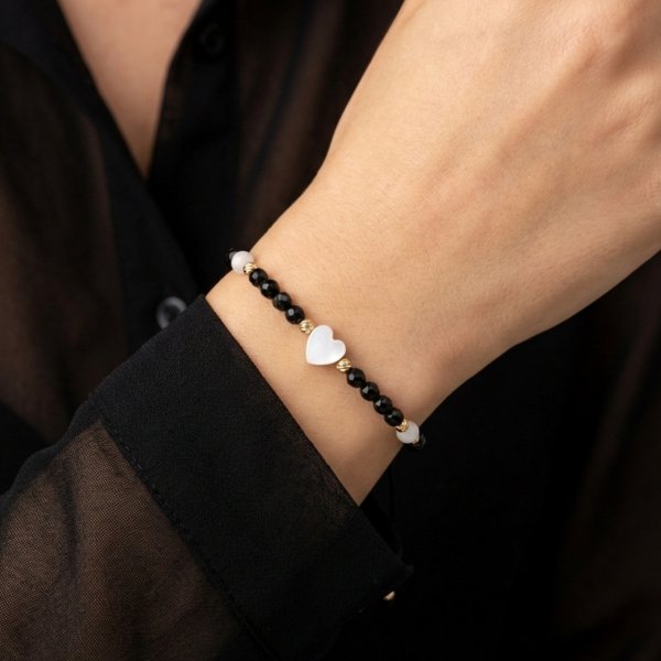 Bransoletka z czarnymi kamieniami i sercem złoto 585
