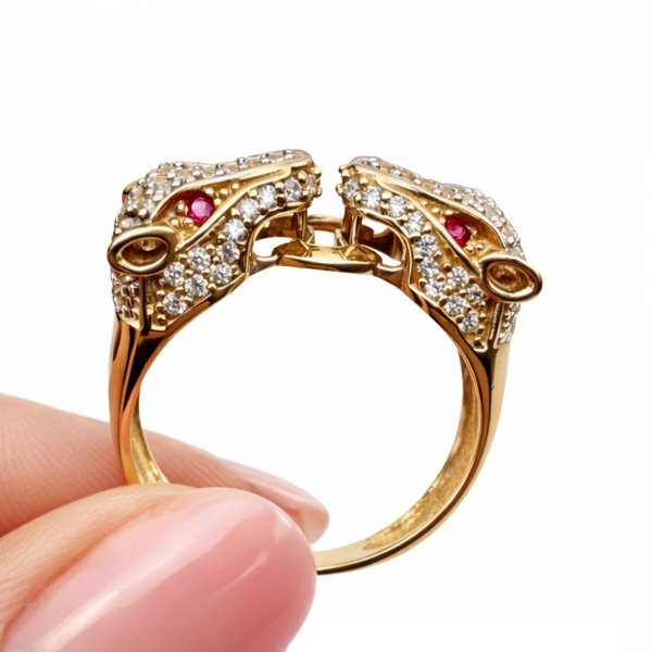 Pierścionek dwie głowy tygrysa złoto 585