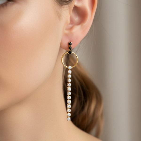 Kolczyki koła białe i czarne kamienie sztyft złoto 585 