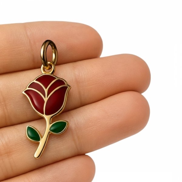 Wisior dwustronny  róża emalia jubilerska złoto 585 