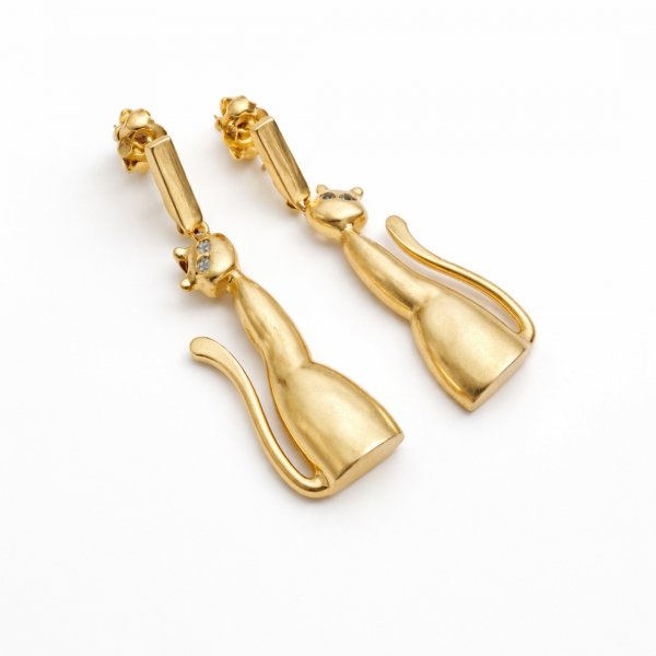 Kolczyki pozłacane sztyft wiszące koty art srebro 925 