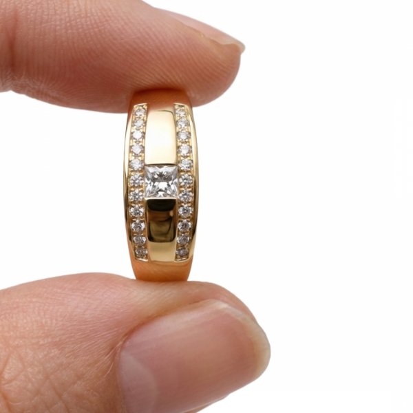 Pierścionek z gładką obrączką i kamieniami złoto 375