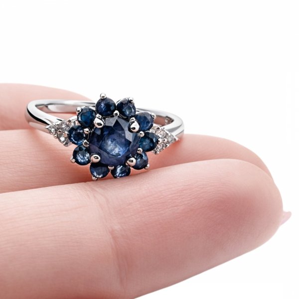 Pierścionek kwiat z szafirem i topazem srebro 925 ROD