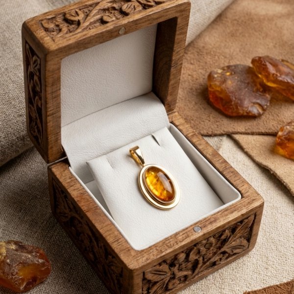 Wisior w klasycznej oprawie  z naturalnym bursztynem złoto 585 