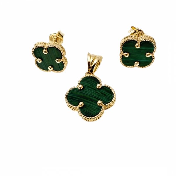 Komplet wisior i kolczyki koniczyna malachit złoto 585 