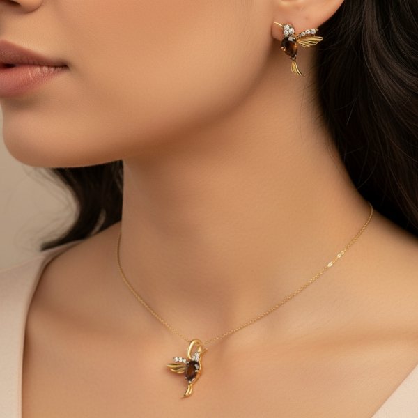  Komplet kolibry kwarc dymny diamenty złoto 585 