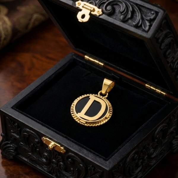 Wisior inicjał litera D koło czarna emalia jub złoto 585 