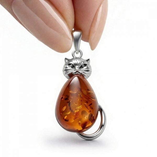 Zawieszka w kształcie kota z bursztynem srebro 925
