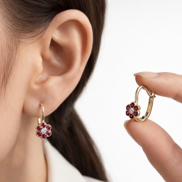 Kolczyki różowe kwiatki złoto 585