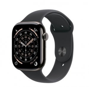 Apple Watch Series 11 GPS + Cellular, koperta 42 mm z tytanu w kolorze łupku, pasek sportowy w kolorze czarnym - rozmiar S/M