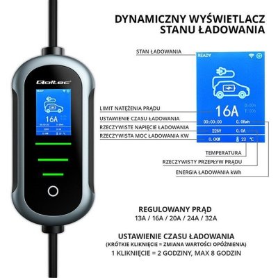 Qoltec Mobilna ładowarka do samochodu elektrycznego EV z regulacją 2w1  Typ2 | 22kW | 400V | Wi-Fi | TUYA | SMART LIFE | LCD | Wallbox | 7m
