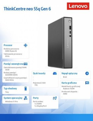 Lenovo Komputer ThinkCentre Neo 55q Tiny G6 13GT000QPB W11Pro 5 330/32GB/1TB/AMD Radeon/3YR OS + 1YR CI