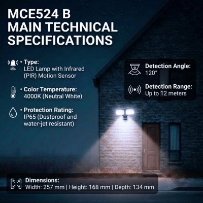 Maclean Ścienna lampa LED, czujnik PIR MCE524B 20W, 1500lm, IP65. neutral white 4000K, czarna