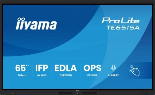IIYAMA Monitor interaktywny 65 cali TE6515A-B2AG VA,4K,40pkt,550cd,DeepContrast-IR+,     HDMI x2,DP,USB-C, 2 x 20W, OPS Slot x1, 5xUSB, 2xRJ45,8-Array,EDLA,