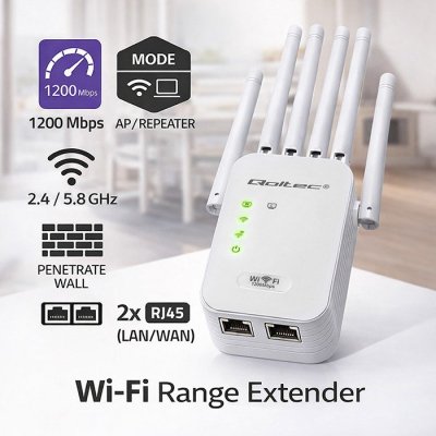 Qoltec Wzmacniacz syganłu WiFi 6 | Repeater | Access Point | AX1200 Mb/s| 6 anten | 2xRJ45 | 128MB