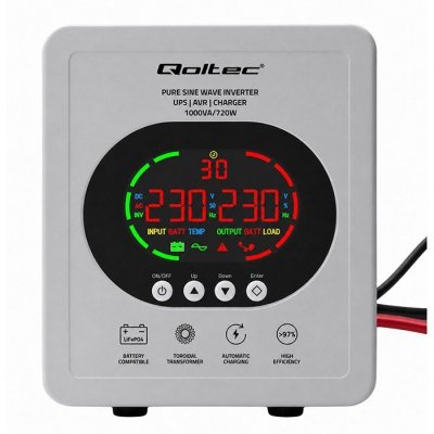 Qoltec Zasilacz awaryjny UPS Pure Sine Wave | 1000VA/720W | Przetwornica12/230V z AVR | LCD | LiFePO4 AGM GEL