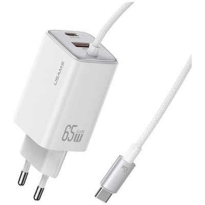 USAMS Ładowarka sieciowa JC Series CC266 65W GaN Fast Charger wbudowanykabel USB-C biała