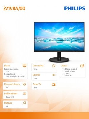Philips Monitor komputerowy  21.5 cali 221V8A VA HDMI Głośniki