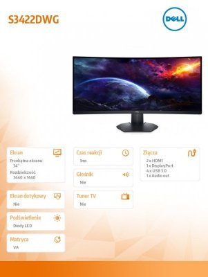 Dell Monitor S3422DWG 34 VA LED 21:9/3440x1440/HDMI/DP/3Y