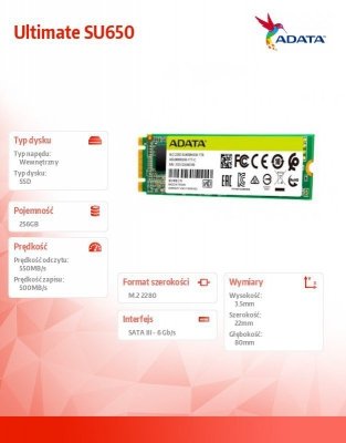 Adata Dysk SSD Ultimate SU650 256G M.2 TLC 3D 2280 SATA
