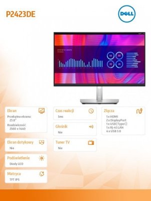 Dell Monitor P2423DE 23.8 IPS LED QHD (2560x1440)/16:9/HDMI/DP/USB-C/4xUSB 3.2/RJ45/3Y AES