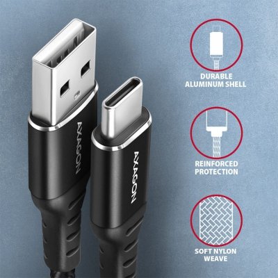AXAGON BUCM-AM15AB Kabel USB-C   USB-A, 1.5m, USB 2.0, 3A, ALU, oplot, Czarny
