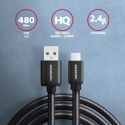 AXAGON Kabel BUMM-AM20AB Micro USB USB A, 2m, USB 2.0, 2.4A, ALU, oplot Czarny