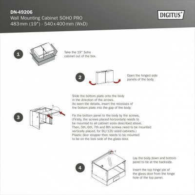 Digitus Szafa sieciowa wisząca 19 cali 12U, SOHO PRO 595 x 540 x 400 mm, nośność 60kg, drzwi szyba, niezłożona, Szara