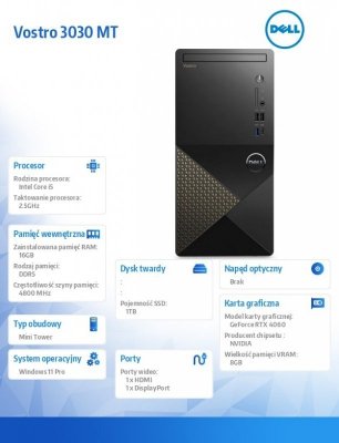 Dell Desktop Vostro 3030 MT Win11Pro i5-14400/16GB/1TB SSD/GeForce RTX4060/WLAN+BT/Kb/Mouse/3Y PS