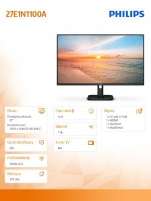 Philips Monitor komputerowy  27E1N1100A 27 cali IPS 100Hz HDMI Głośniki