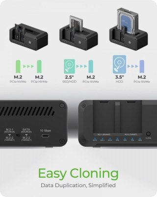 IcyBox Stacja dokująca IB-2924MSCL-C31 Docking & CloneStation                    1x 2,5 cali/3,5 cali do 1x M.2 NVMe & M.2 NVMe do M.2 NVMe