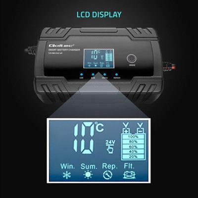 Qoltec Inteligentna mikroprocesorowa ładowarka 12V 8A | 24V 4A |Prostownik z funkcją naprawy do akumulatora AGM GEL | LCD