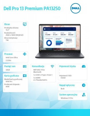 Dell Laptop Dell Pro 13 Premium PA13250/Ultra 7 268V/32GB/512GB SSD Gen4/13.3 QHD+ Touch/Arc/FgrPr/Cams&Mic/WLAN+BT/Bck Kb/3C/vPro/3YPS Magnesium