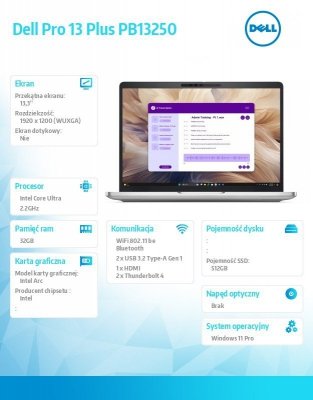Dell Laptop Dell Pro 13 Plus PB13250 W11P Ultra 7 268V/32GB/512GB/13.3 FHD+/Arc/FgrPr&SmtCd/FHD/IRCam/Mic/WWAN Ready+BT/BcklKb/3C/vPro/3YPS Silver