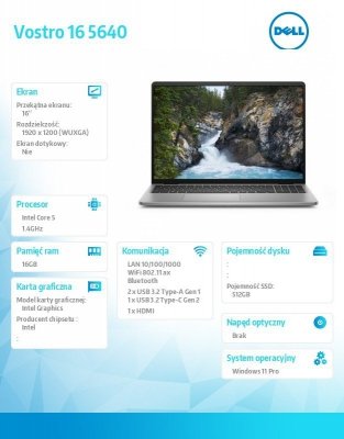 Dell Laptop Vostro 16 cali (5640) Win11Pro 5-120U/16GB/512GB SSD
