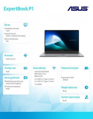Asus Notebook ExpertBook P1503CVA-S71120 i3-1315U/15.6 cali FHD/8GB/256GB/NoOS/3YRS