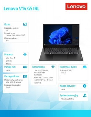 Lenovo Laptop V14 G5 83GU008FPB W11Pro i5-13420H/16GB/512GB/INT/14.0' FHD/Business Black/3YR OS + 1YR CI