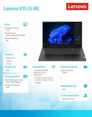 Lenovo Notebook V15 G5 83GW009BPB W11Pro i5-13420H/8GB/512GB/INT/15.6 FHD/Business Black/3YRS OS