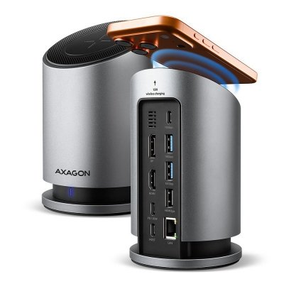 AXAGON HMC-WL9 Wieloportowy hub USB 9in1, 10Gbps, 3xUSB-A, 1xUSB-C, DP 8K/60Hz, HDMI 4K/60Hz, PD 100W, GLAN, 100cm USB-C kabel, wireless charging 15W