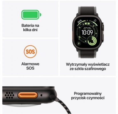 Apple Watch Ultra 3 GPS + Cellular koperta 49 mm z tytanu w kolorze czarnym, opaska Trail w kolorze czarnym/węgla drzewnego - rozmiar S/M