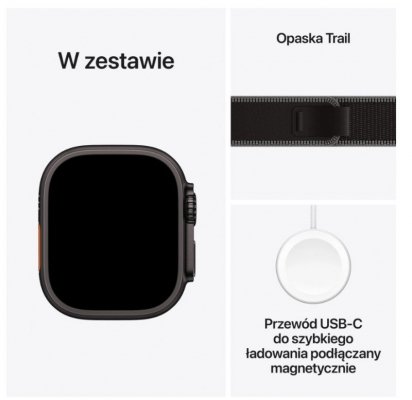 Apple Watch Ultra 3 GPS + Cellular koperta 49 mm z tytanu w kolorze czarnym, opaska Trail w kolorze czarnym/węgla drzewnego - rozmiar S/M