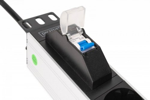 Digitus Listwa zasilająca PDU Rack 19" z wyłącznikiem nadprądowym Typ C 16A, 7 gniazd Schuko CEE 7/3 (45°), kabel 1,8m wtyk Unischuko CEE 7/7, 16A, aluminiowa