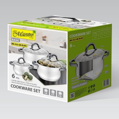 Feel-Maestro Komplet garnków z czarnymi uchwytami 6 elementów  MR-3522-6M-BLACK