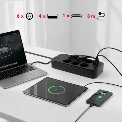 Maclean Listwa zasilająca MCE391 B 6 gniazd 4xUSB-A 1xUSB-C, 110-240V AC 50/60Hz, 2.1A max 2500W, czarna
