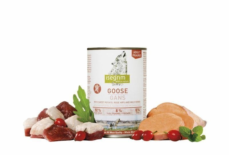 Isegrim Adult Goose 400g puszka Mokra karma dla psów z Gęsią batatami, owocami dzikiej róży i ziołami