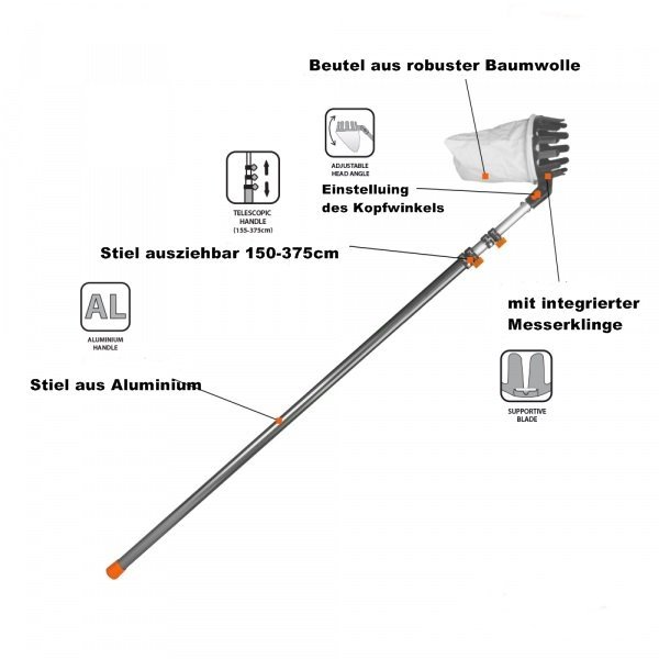 Obstpflücker Apfelpflücker mit Teleskopstiel bis 375cm Obsternter Kirschpflücker