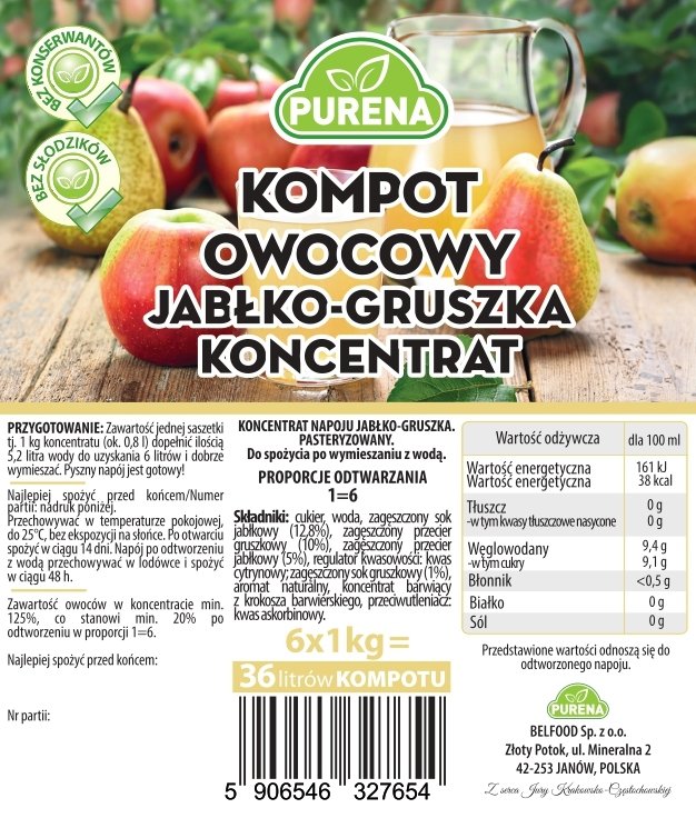 Kompot jabłko-gruszka koncentrat 1kg na 6l 