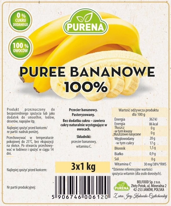 Pulpa puree przecier 100% bez cukru z banana 3x1kg
