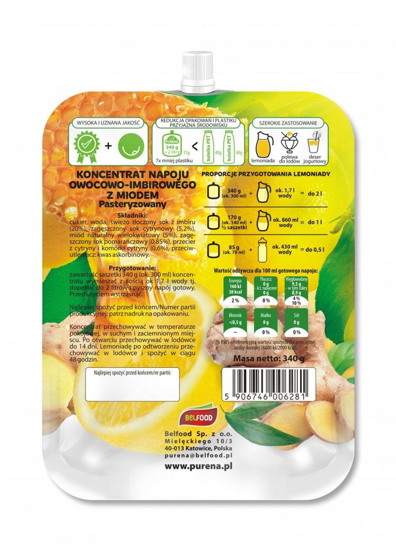 Lemoniada imbir-cytryna-miód koncentrat 340g na 2l